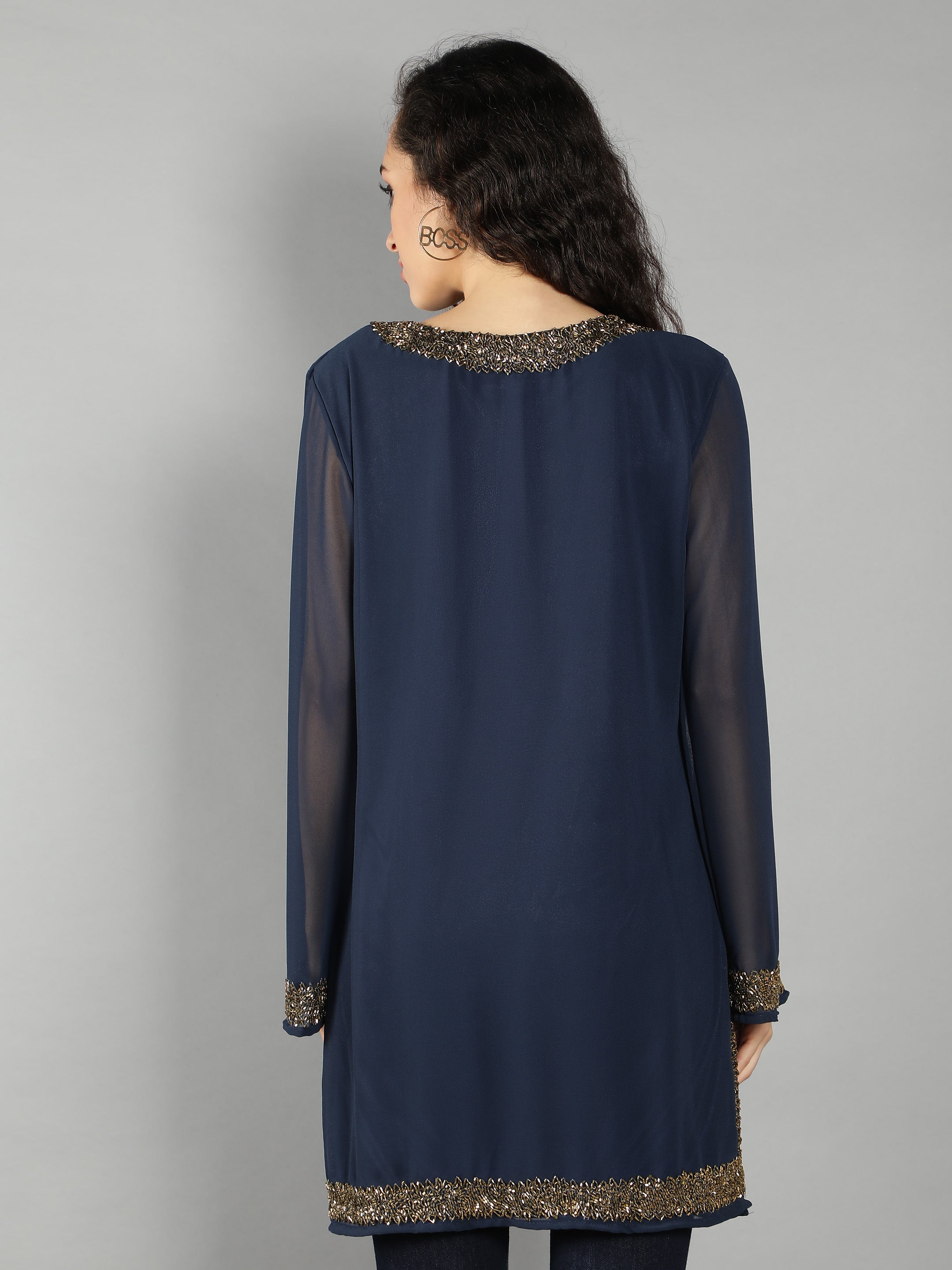 Navy Embellished V Neck Kurti(With Lining)