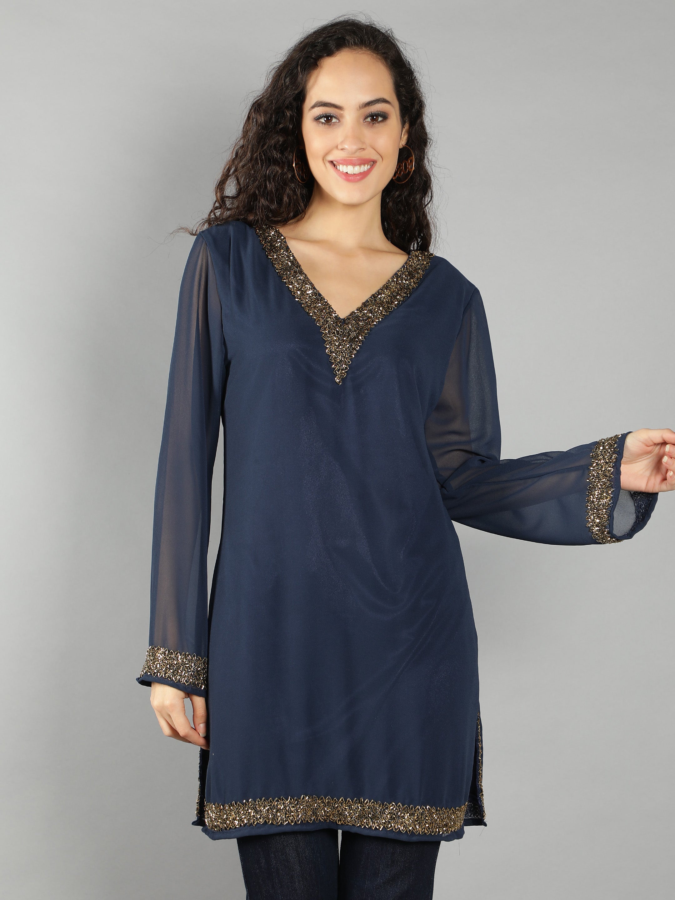 Navy Embellished V Neck Kurti(With Lining)