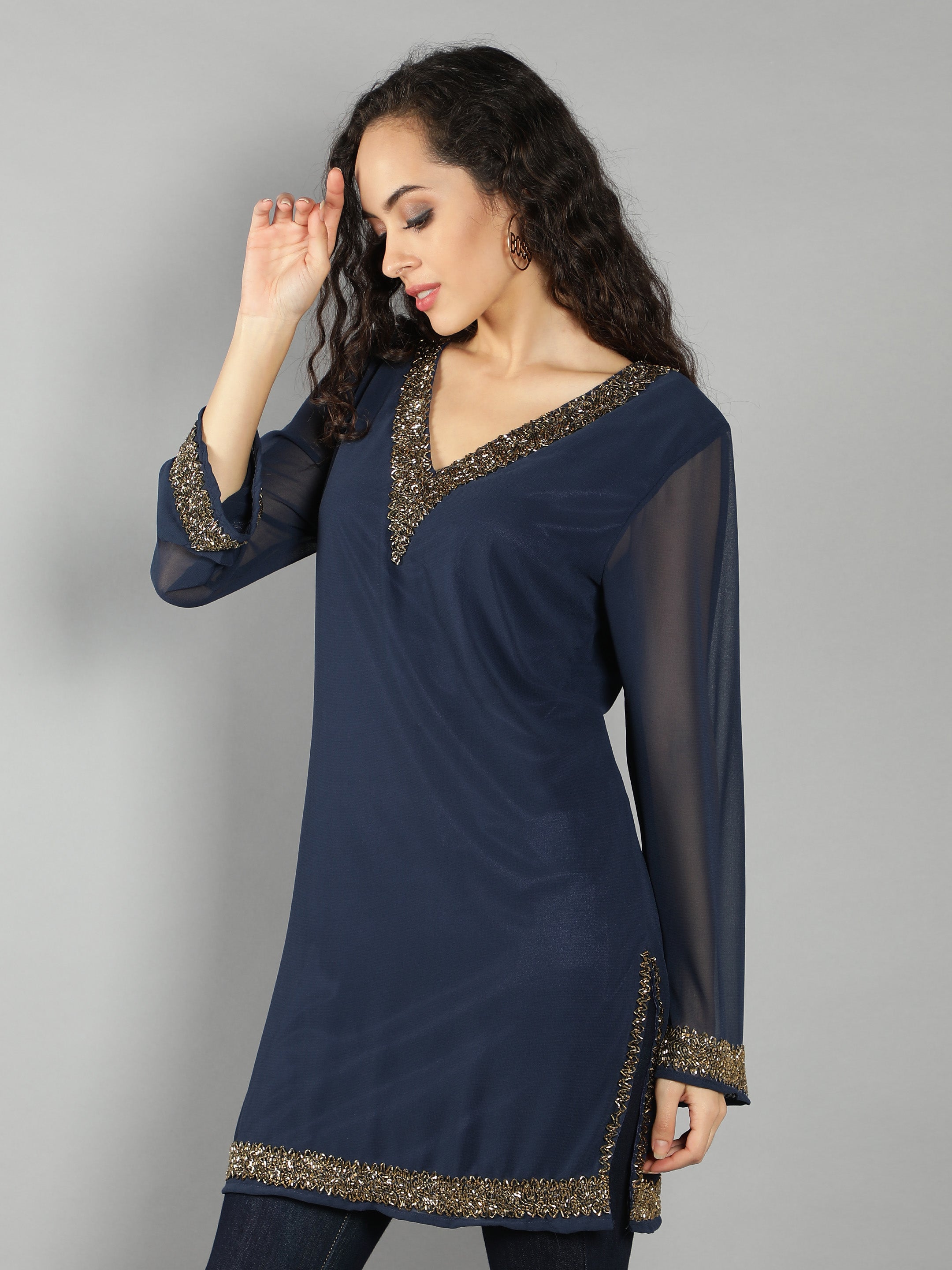 Navy Embellished V Neck Kurti(With Lining)