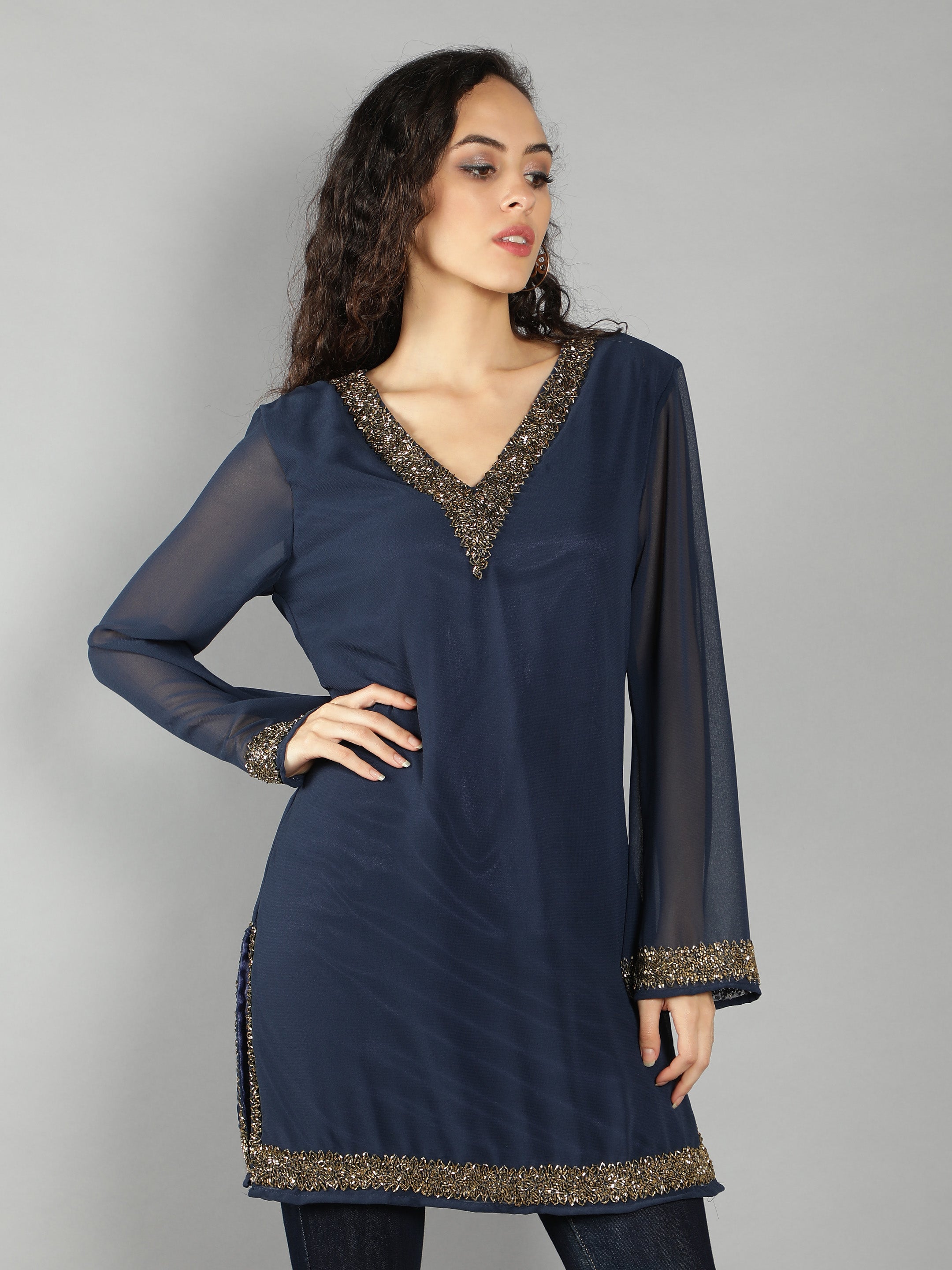 Navy Embellished V Neck Kurti(With Lining)