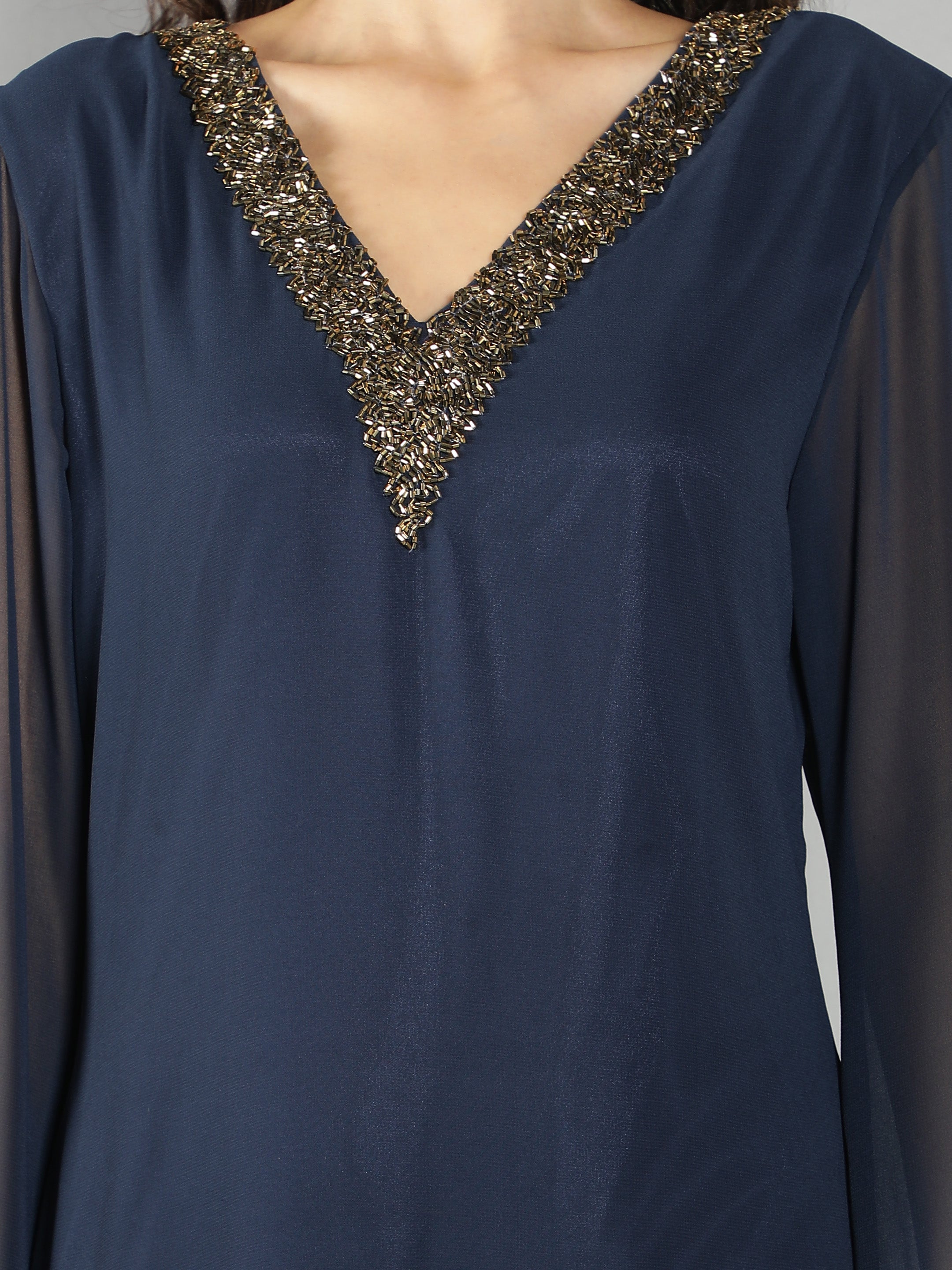 Navy Embellished V Neck Kurti(With Lining)