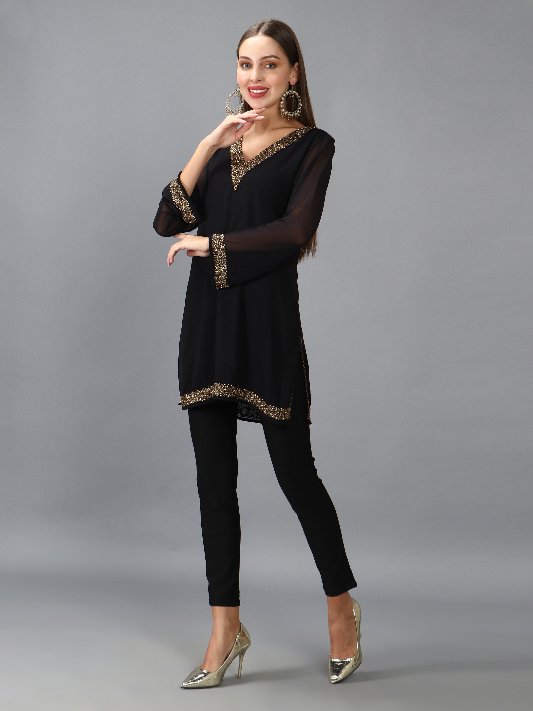 Black Embellished V Neck Kurti(With Lining)