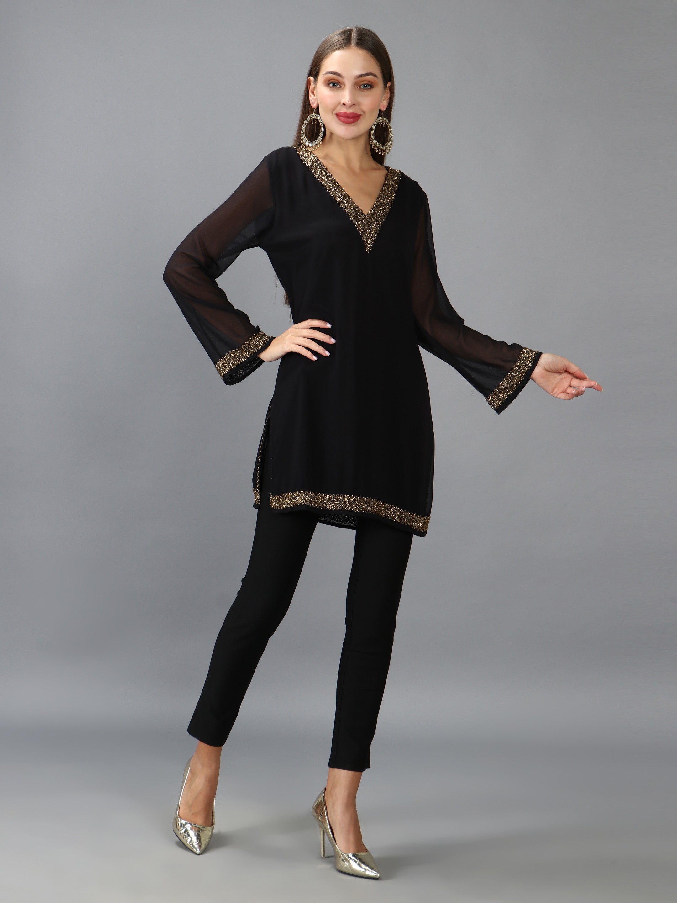 Black Embellished V Neck Kurti(With Lining)