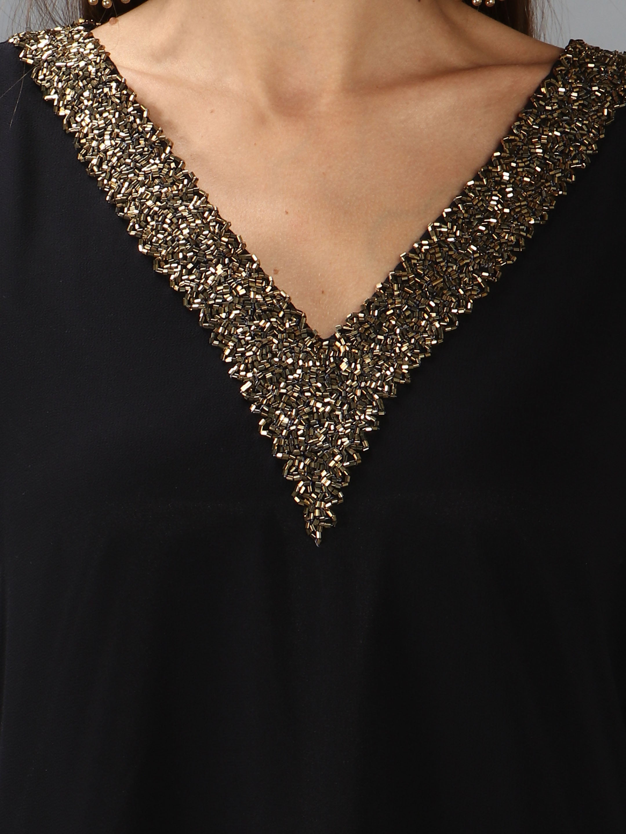 Black Embellished V Neck Kurti(With Lining)