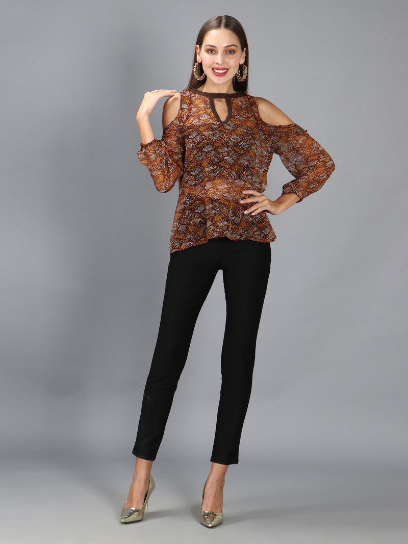 Brown Animal Print Cut Out Top