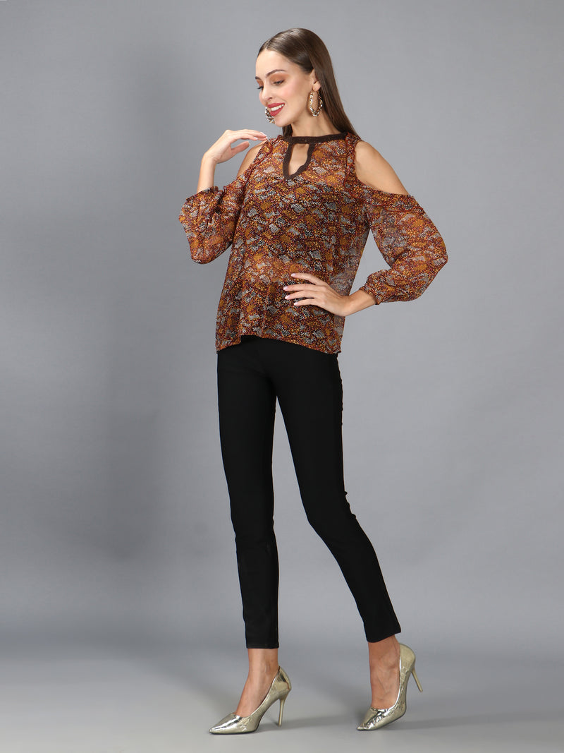 Brown Animal Print Cut Out Top