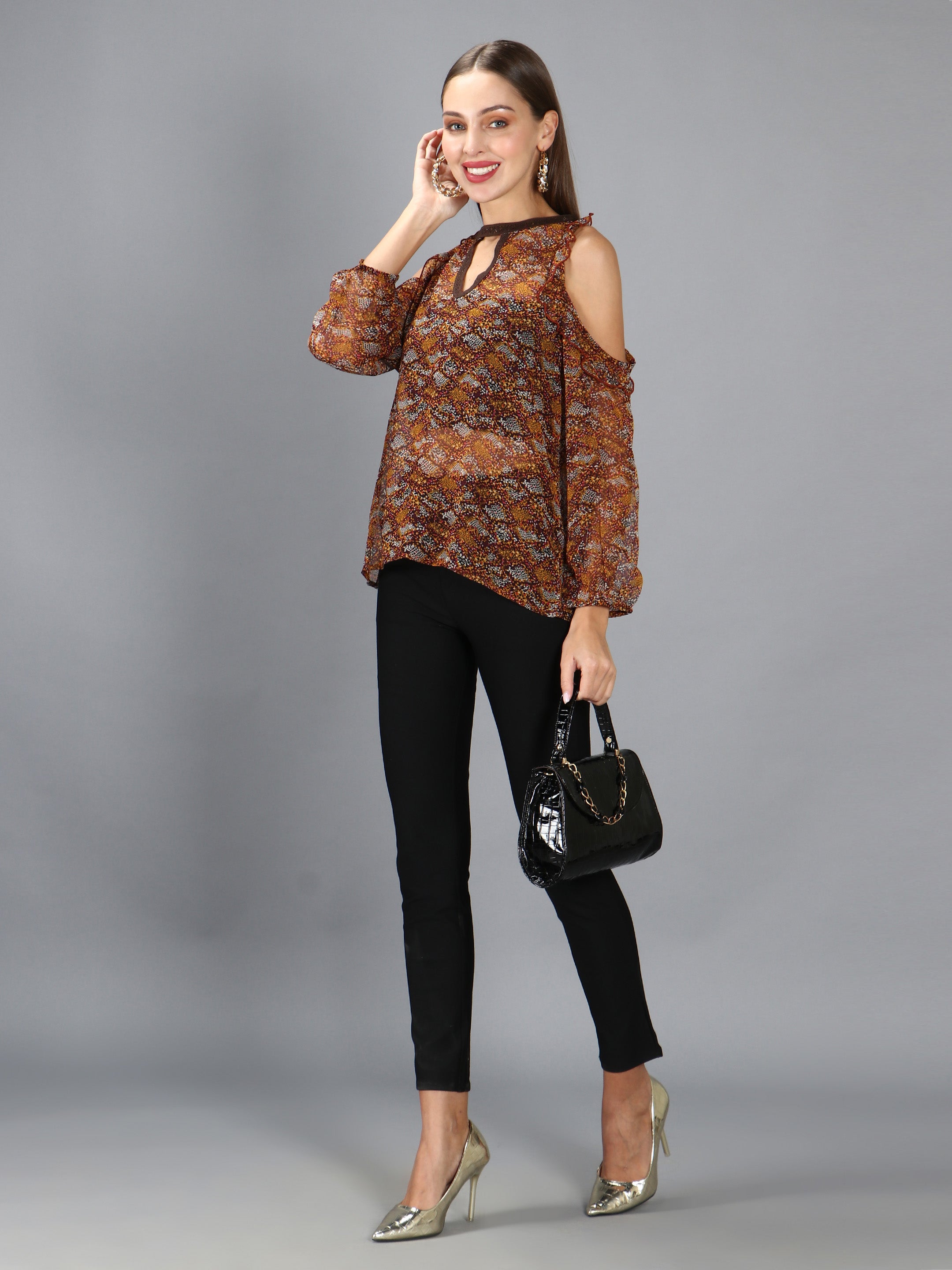 Brown Animal Print Cut Out Top