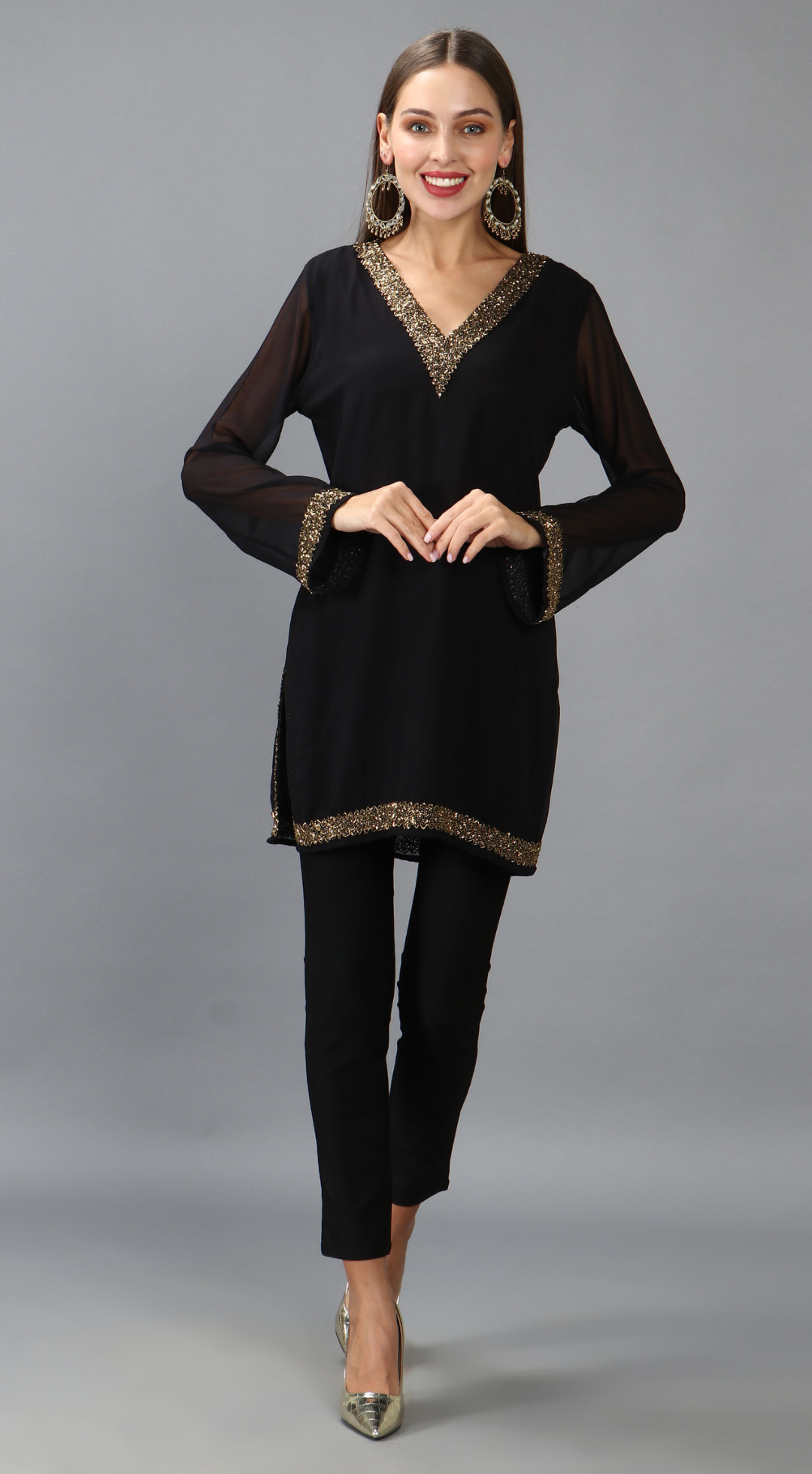 Black Embellished V Neck Kurti(With Lining)