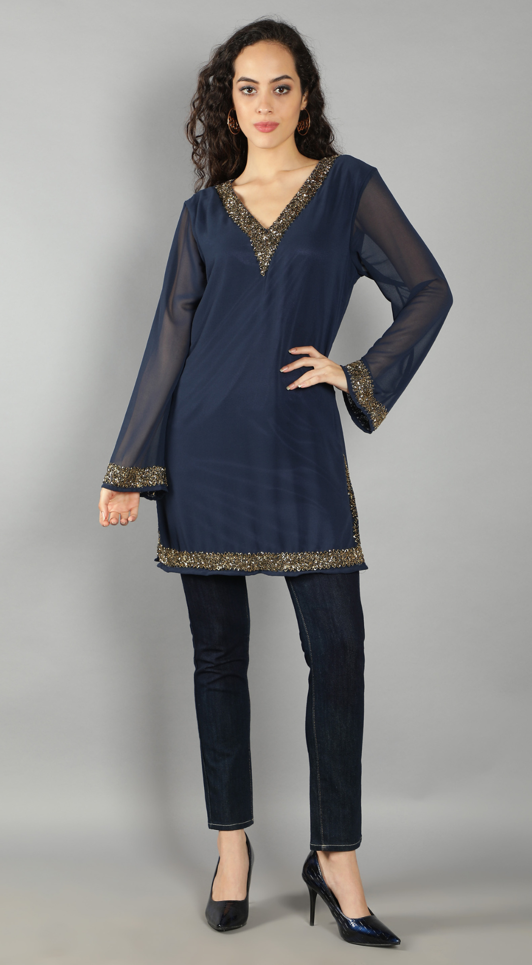 Navy Embellished V Neck Kurti(With Lining)